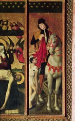 St. Martin, linkes Panel eines Triptychons, das Pieta zwischen St. Martin und St. Katharina darstellt, 1475 (Detail)